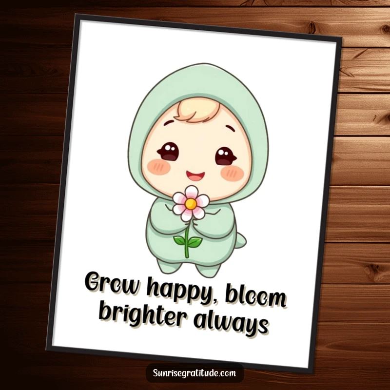 Funny Free Printable Wall Art: Gleeful character with a wide smile, joyfully holding a single, tiny blooming flower.