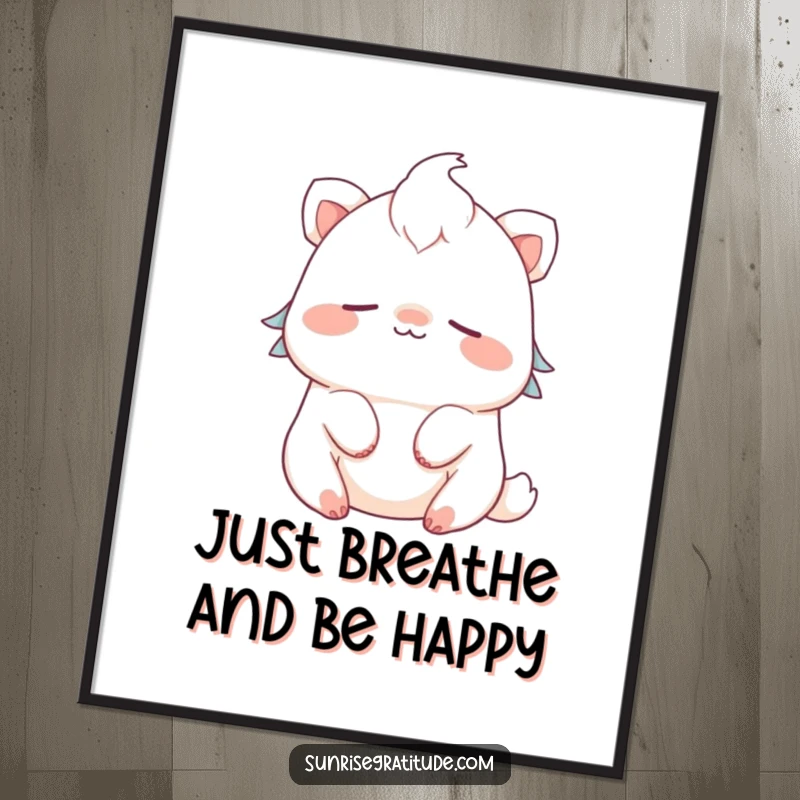 Funny Free Printable wall art of a cute creature with a gentle smile, breathing deeply and peacefully, adding a calm and humorous touch.
