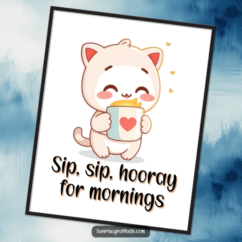 Funny Free Printable Wall Art: Character offering warm mug to morning light, cozy, downloadable art.