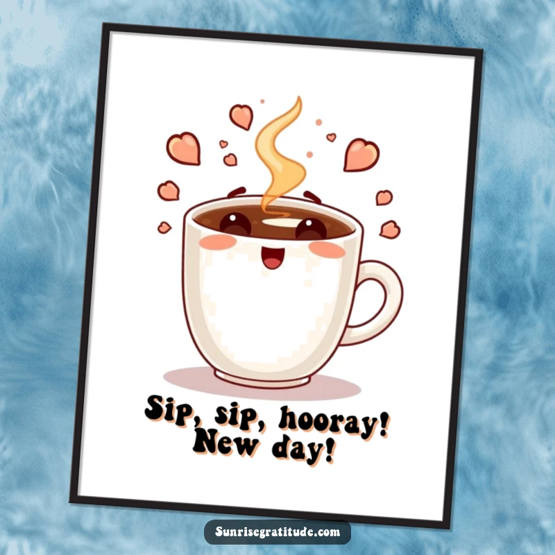 Funny Free Printable Wall Art: An animated coffee cup steams with vibrant energy, perfect for a cheerful and inspiring home or office space.