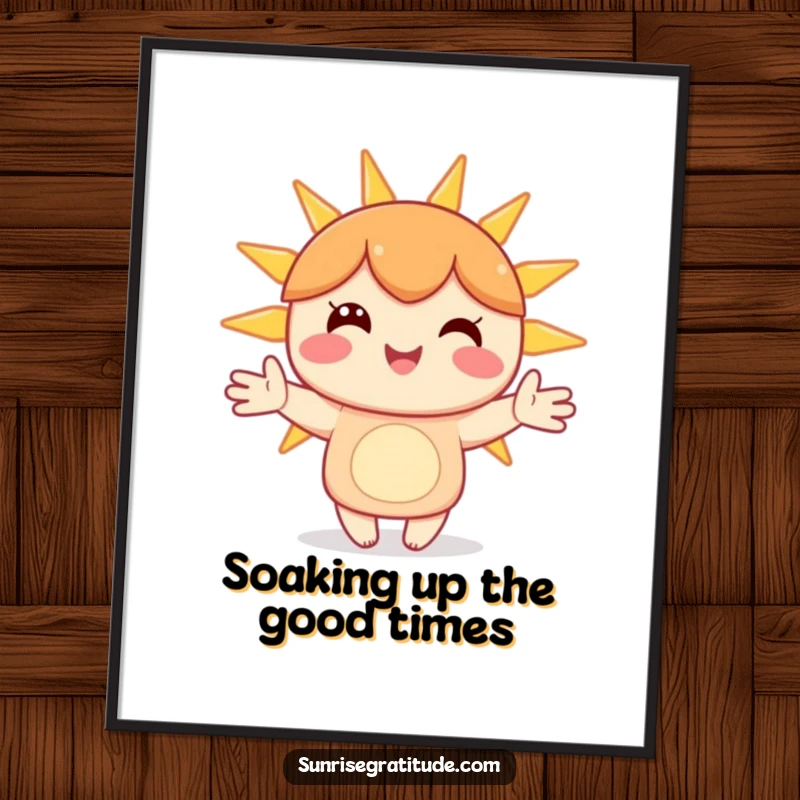 Funny Free Printable Wall Art: A joyful character holding hands with stylized, radiant sunbeams, embodying pure, unadulterated happiness.