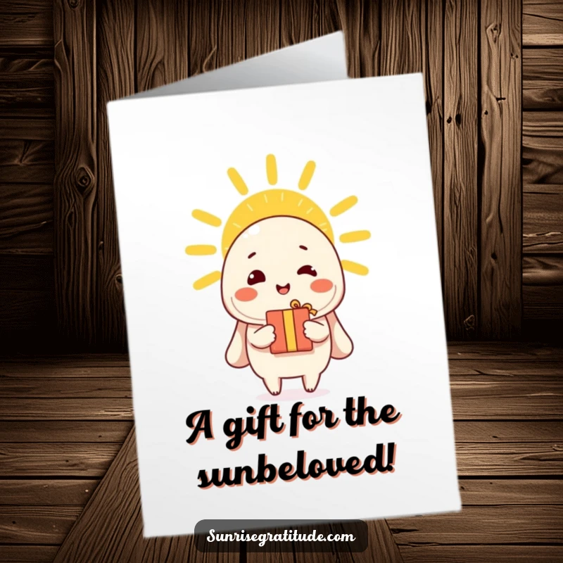 Funny Free Printable Birthday Card: A cheerful character playfully offering a small gift to the enormous, bright morning sun.