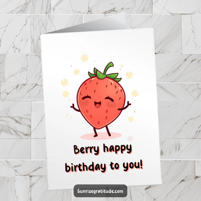 Funny Free Printable Birthday Card: A giggling strawberry juggles glowing dew drops at dawn, celebrating a birthday with joy.