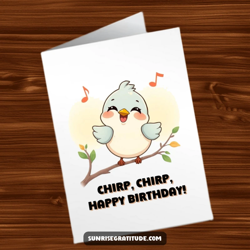 Funny Free Printable Happy Birthday Card with a smiling bird chirping joyfully at dawn, a bright and cheerful greeting.