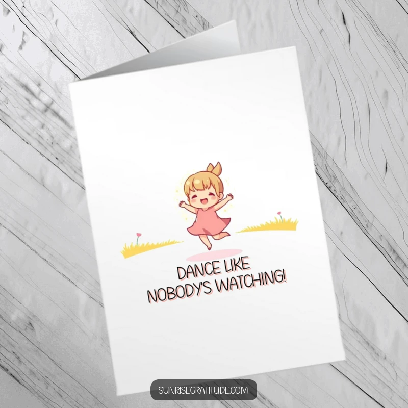 Funny Free Printable Birthday Card showing a playful character joyfully dancing in the warm, golden light of early morning.