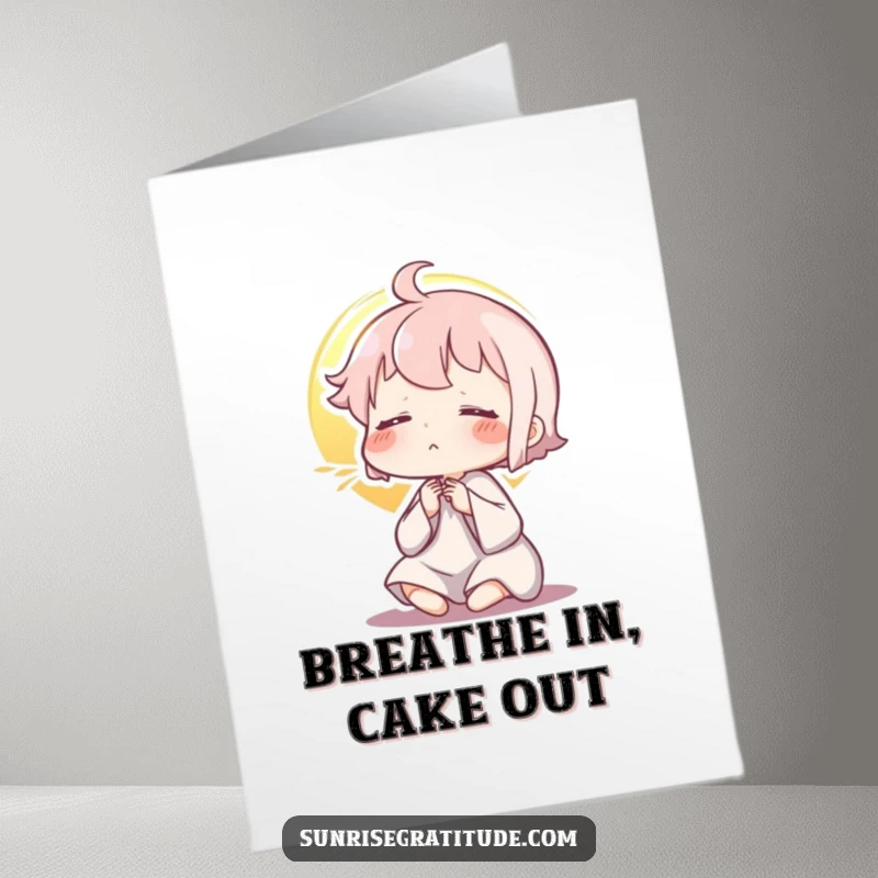 Funny Free Printable Birthday Card: Character exhaling peacefully as the sun rises, conveying serenity and a happy start to the day.