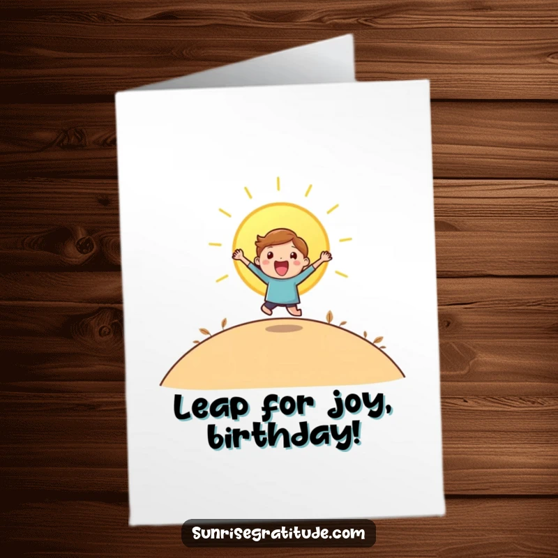 Funny Free Printable Birthday Card: A playful character mid-leap, bursting with joy as the sun crests a distant hill.