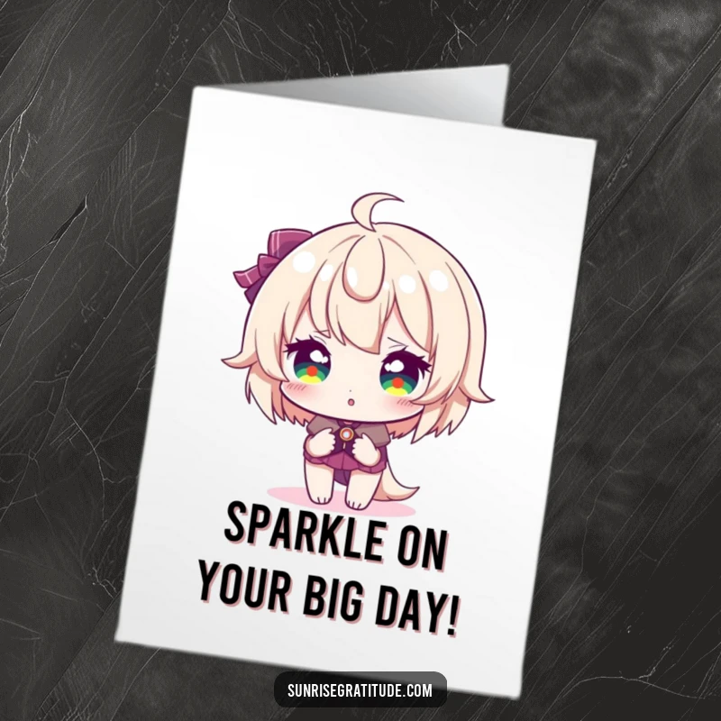 Funny Free Printable Birthday Card: Character with sparkling eyes reflecting sunrise colors, full of joy and anticipation for the birthday.