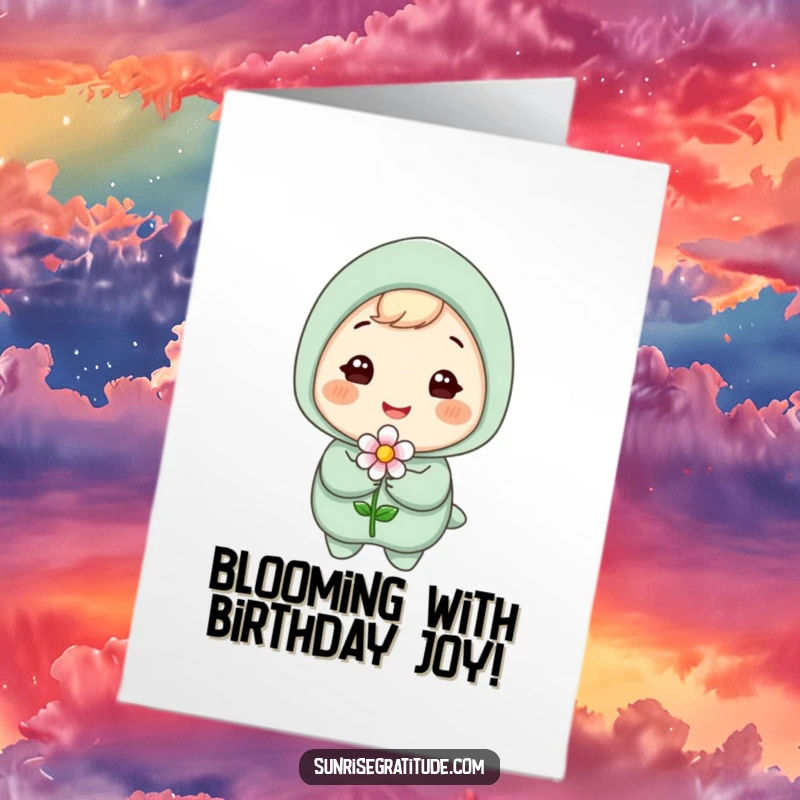 Funny Free Printable Birthday Card: Gleeful character with a huge smile holding a delicate blooming flower, radiating pure joy.