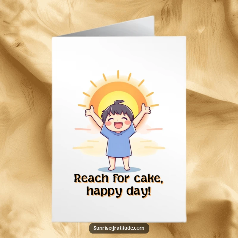 Free Printable Sunrise Birthday Card: A joyful character stretches arms wide to a colorful, vast sunrise, celebrating the day.