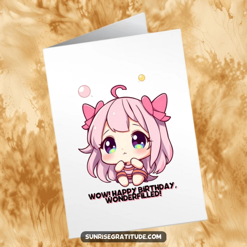 Free Printable Wonder Sky Birthday Card: A character gazes in wonder at vibrant, colorful sky hues, celebrating their birthday.