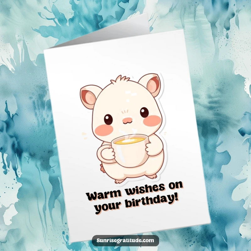Funny Free Printable birthday card featuring a whimsical creature smiling while offering a cup of steaming liquid, perfect for warm wishes.