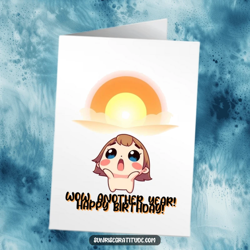 Funny Free Printable Birthday Card: Wide-eyed character looking up in surprise and awe at a spectacular, vibrant sunrise.