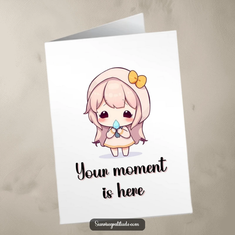 Beautiful free printable birthday card featuring a character holding a dewdrop reflecting a stunning sunrise.