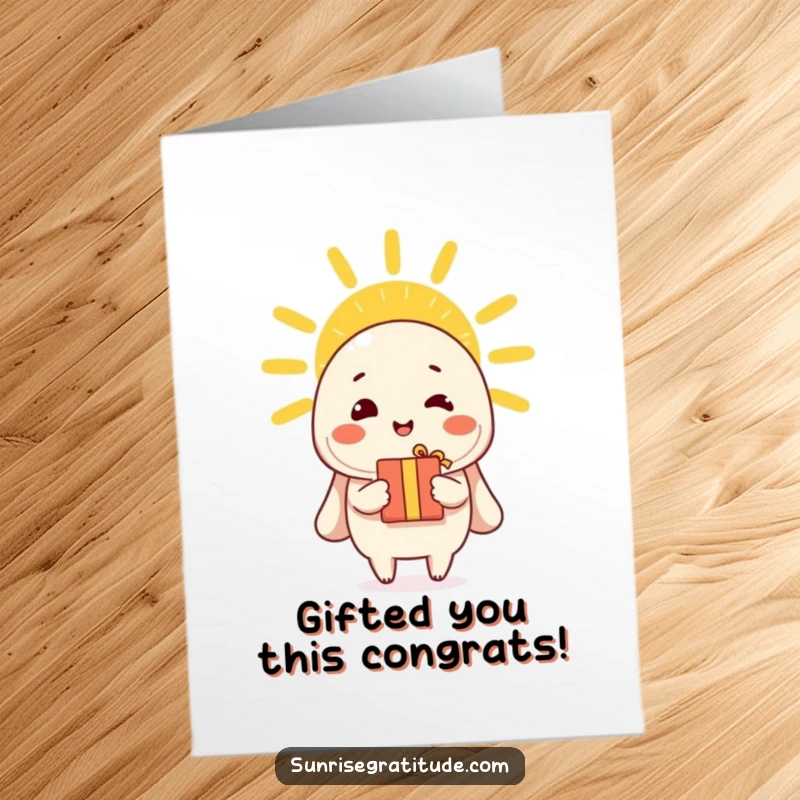 Funny Free Printable Congratulations Card: A cheerful character presenting a small gift to the radiant morning sun, celebrating success.