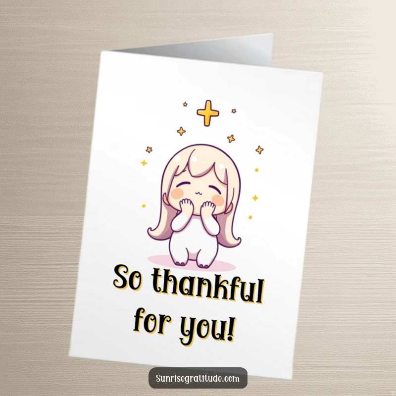 Funny free printable congratulations card featuring a character bowing thankfully to the sky, ideal for celebrating major accomplishments.