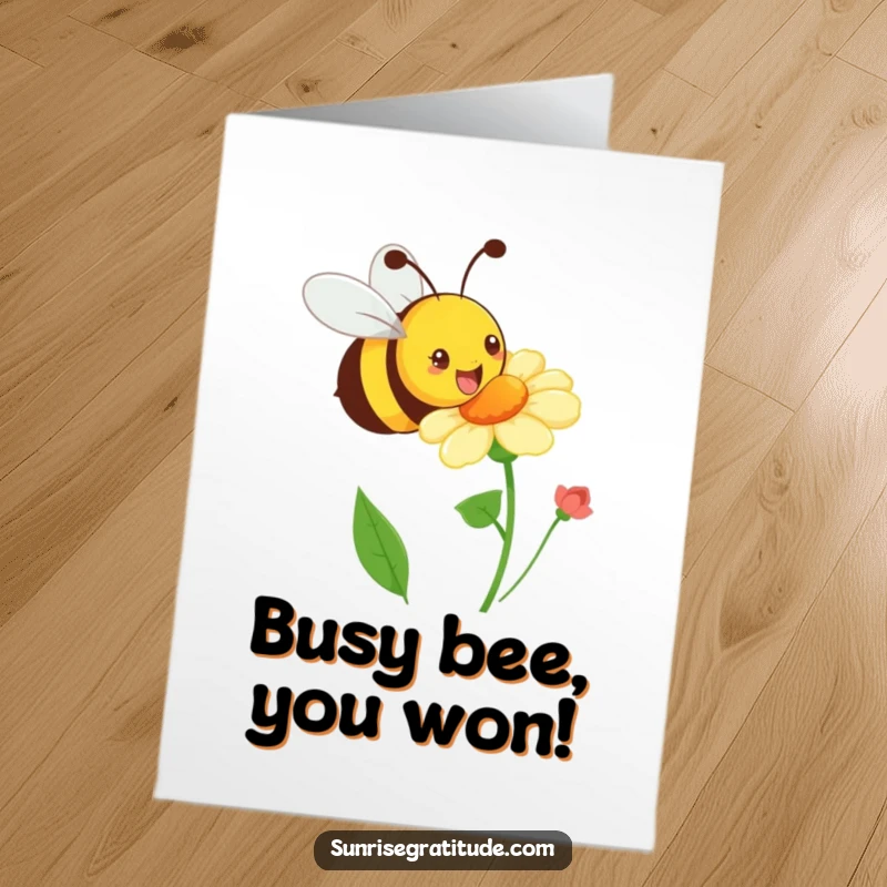 Funny Free Printable Congratulations Card featuring a happy bee buzzing towards a flower, celebrating success.