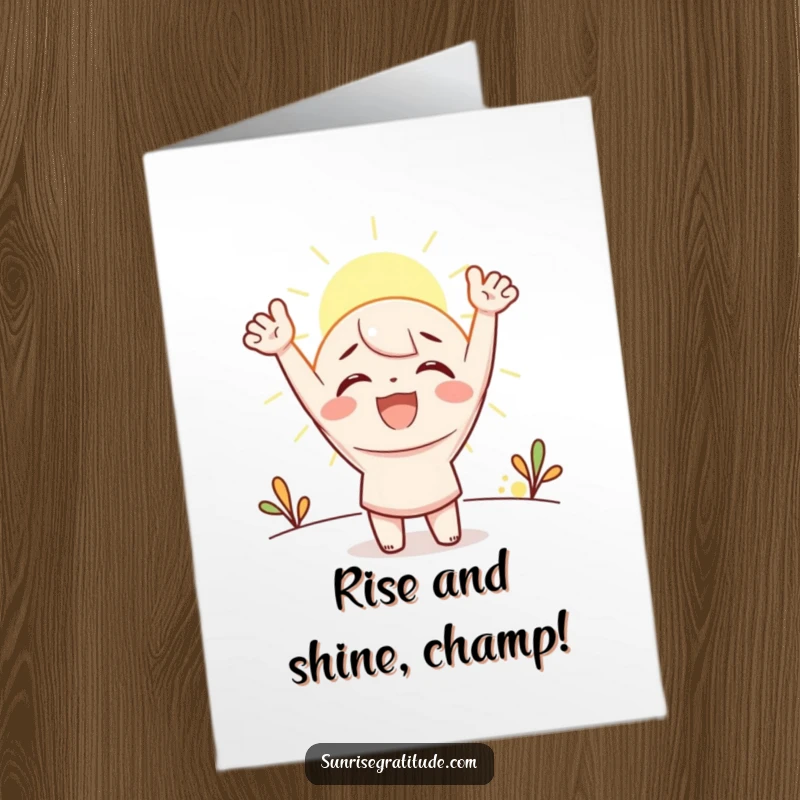 Funny free printable congratulations card showing a character cheering ecstatically at the morning sun, celebrating a big achievement.