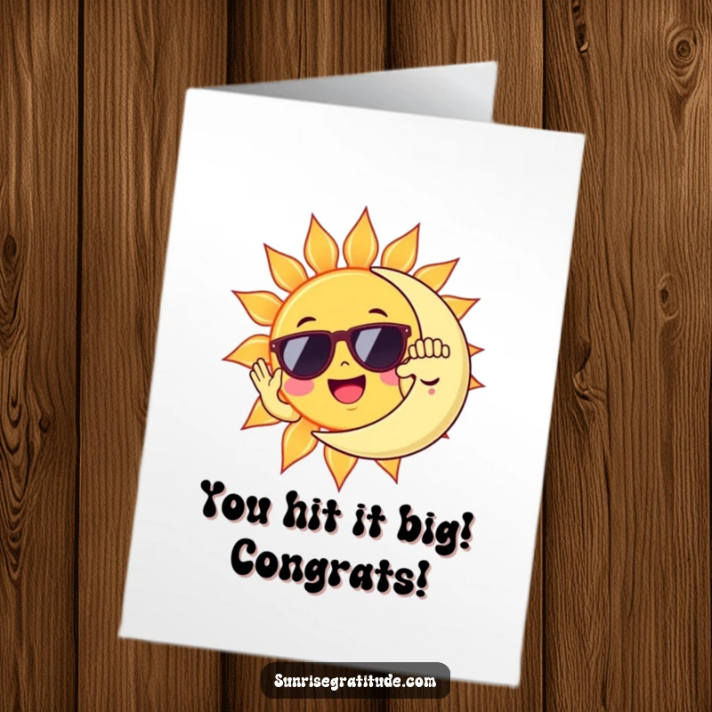 Funny Free Printable Congrats Card: A cool sun with sunglasses gives a high five to a tired moon, celebrating success.