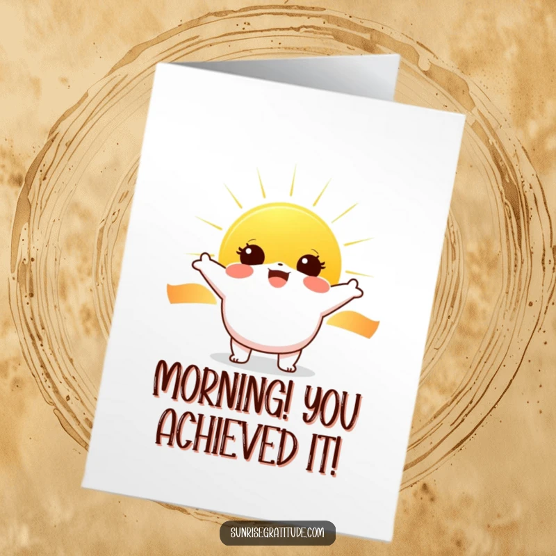 Free Printable Congrats Card: Cheerful character with wide eyes greeting the sunrise with pure joy.