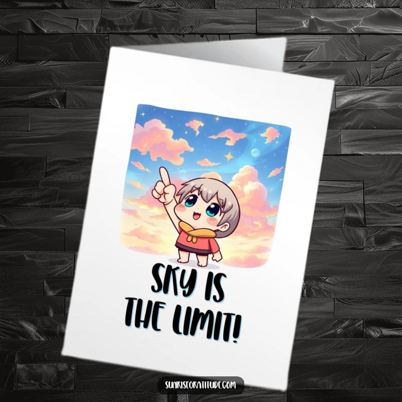 Vibrant free printable congratulations card with a character pointing to a beautiful, colorful sky.