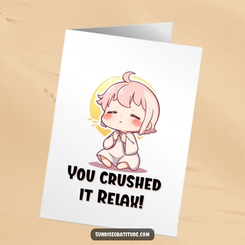 Funny Free Printable Congratulations Card: Character exhaling peacefully as the sun rises, symbolizing a calm and beautiful new beginning.