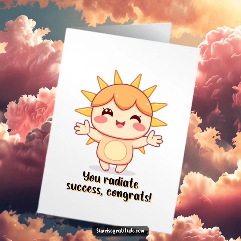 Funny Free Printable Congratulations Card: A happy character beaming as they hold hands with cheerful, bright sunbeams, signifying success.