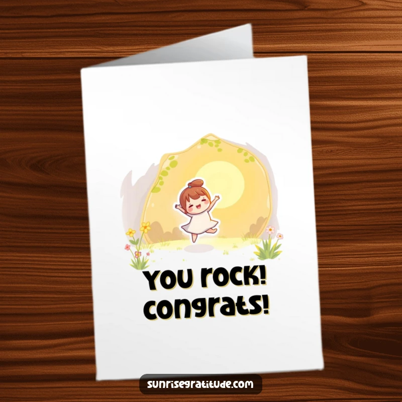 Funny Free Printable Congratulations Card: Character dancing with golden sun rays, joyful, downloadable art.