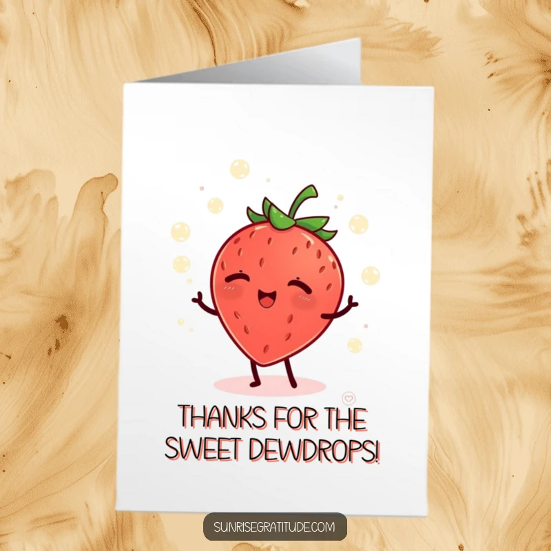 Funny Free Printable Thank You Card: A giggling strawberry juggles glowing dew drops at dawn, expressing thanks with delight.