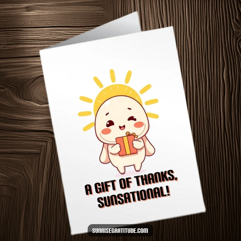 Funny Free Printable Thank You Card: A cheerful character offering a tiny cute gift to the vast morning sun, a gesture of thanks.