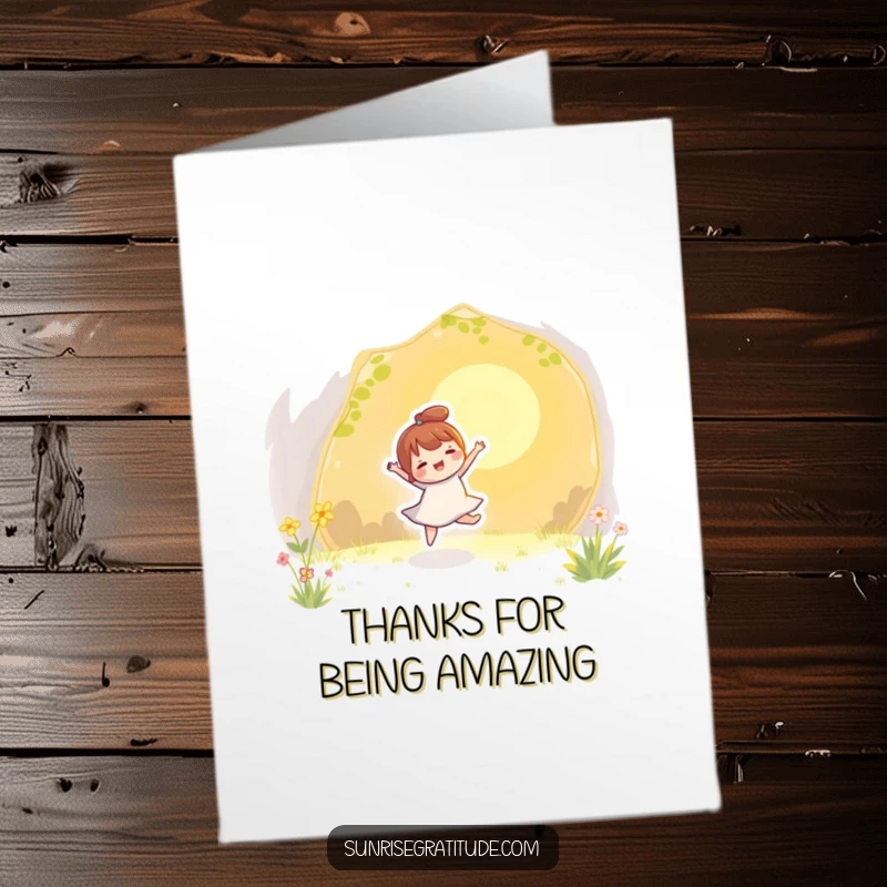 Funny Free Printable Thank You Card: Character dancing cheerfully with sun rays, bright, downloadable art.