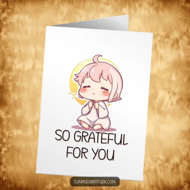 Funny Free Printable Thank You Card: Character exhaling peacefully as the sun rises, evoking a sense of calm gratitude and new beginnings.