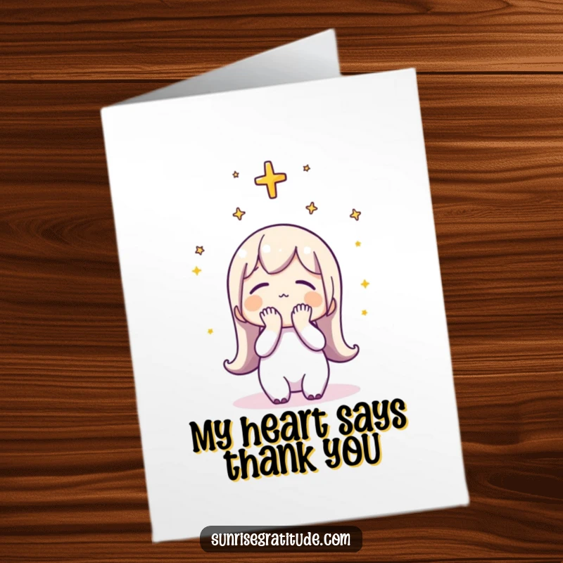 Funny free printable thank you card depicting a character bowing its head in deep thankfulness towards the heavens, a symbol of profound gratitude.