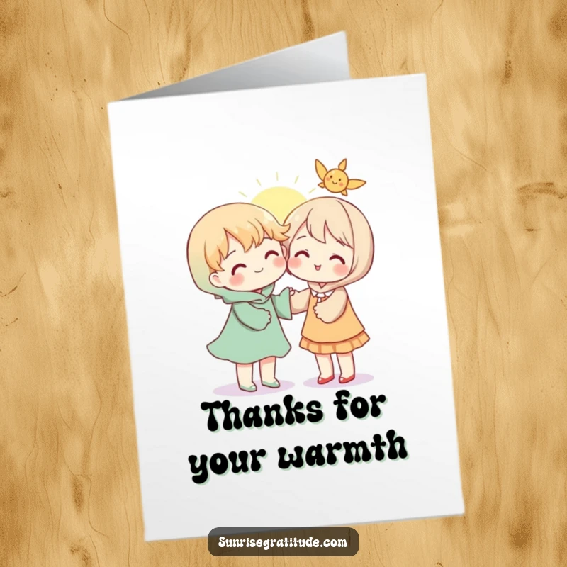 Warm free printable thank you card featuring a character sharing a bright ray of sunshine with someone.