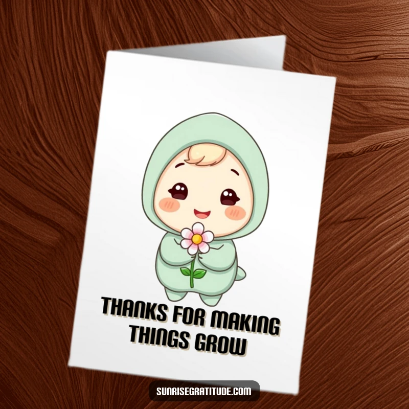 Funny Free Printable Thank You Card: Gleeful character with a bright smile, happily presenting a tiny, blooming flower.