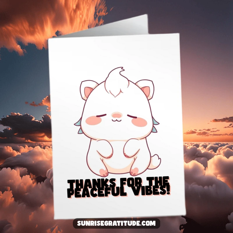 Funny Free Printable thank you card of a cute creature smiling peacefully, breathing deeply, embodying calm and heartfelt thanks.