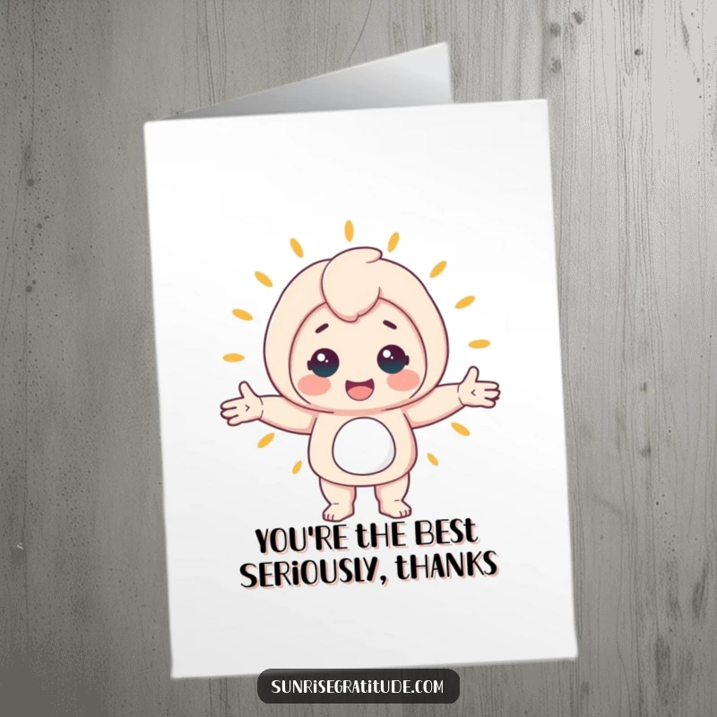 Funny Free Printable Thank You Card: Cheerful character with arms wide open, embracing the world in a gesture of thanks.
