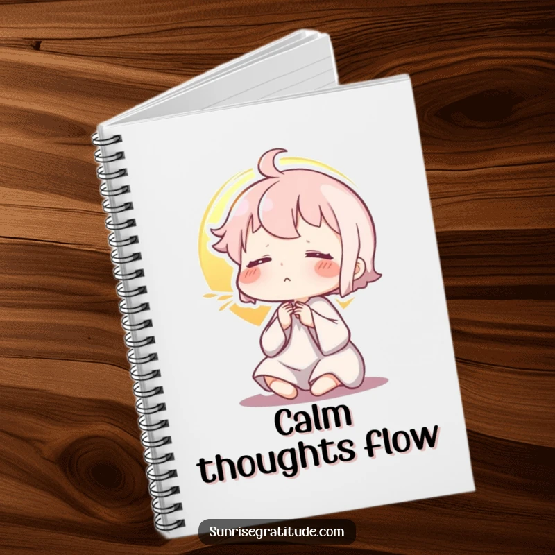 Funny notebook, character exhaling at sunrise, journaling peace, calm reflections, mindful notes, wonderful funny gift.