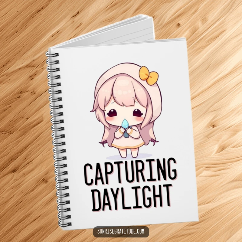 Reflective notebook cover with a character holding a dewdrop that mirrors a colorful sunrise, symbolizing inspiration and new beginnings.