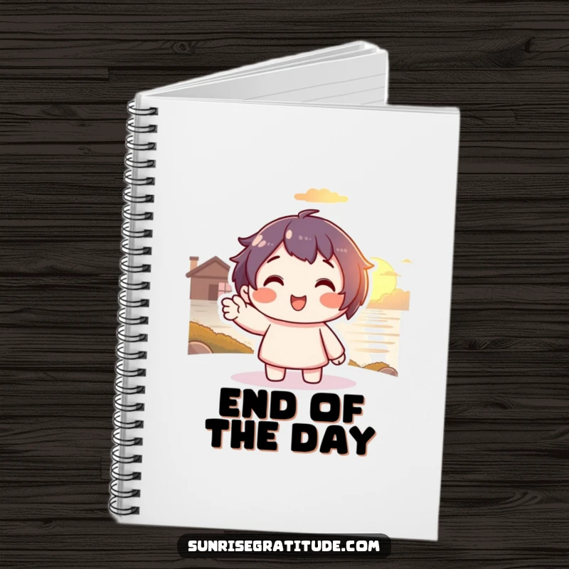 Funny Sunset Journal: Smiling character waving to a warm sunset, perfect for jotting down peaceful thoughts.