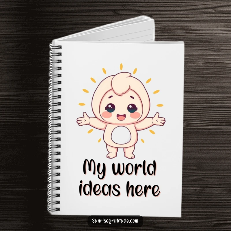 Funny notebook cover showing a cheerful character with arms wide, welcoming inspiration from the awakening world, for journaling and notes.