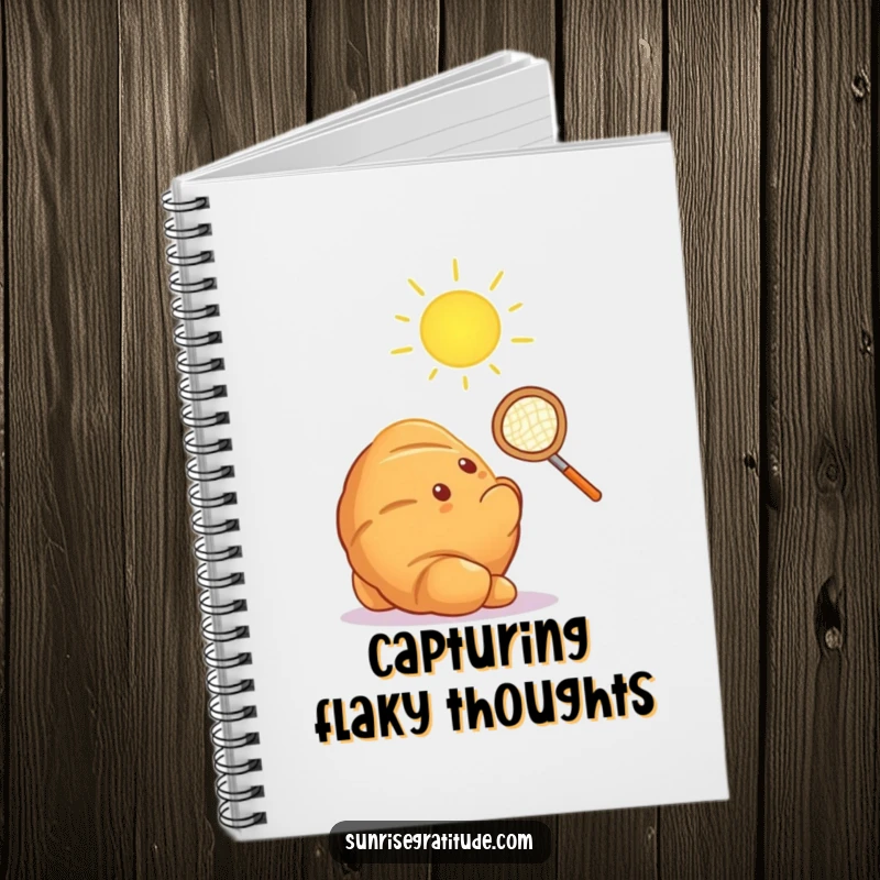 Funny croissant attempting to catch sun ray with net, a humorous notebook for jotting ideas.