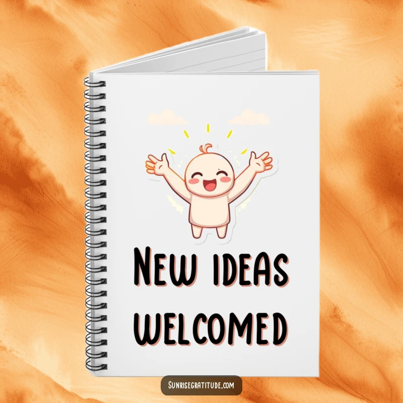 Funny notebook, character with open arms embracing the sunrise, journaling new ideas, creative space, inspiring thoughts, wonderful funny gift.