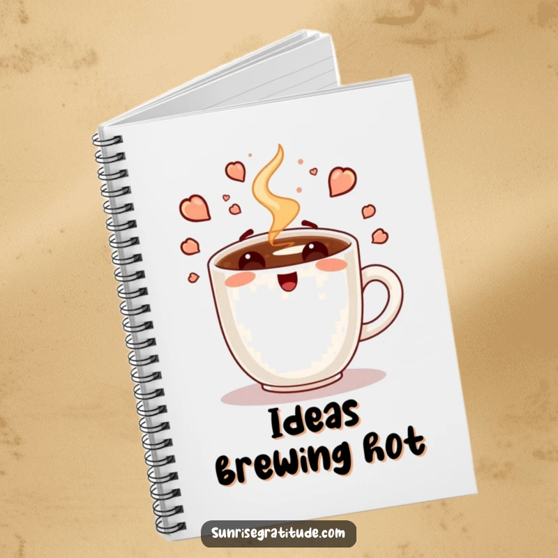 Funny notebook cover showcasing an enthusiastic steaming coffee cup, symbolizing the fresh energy of a new day for writing.