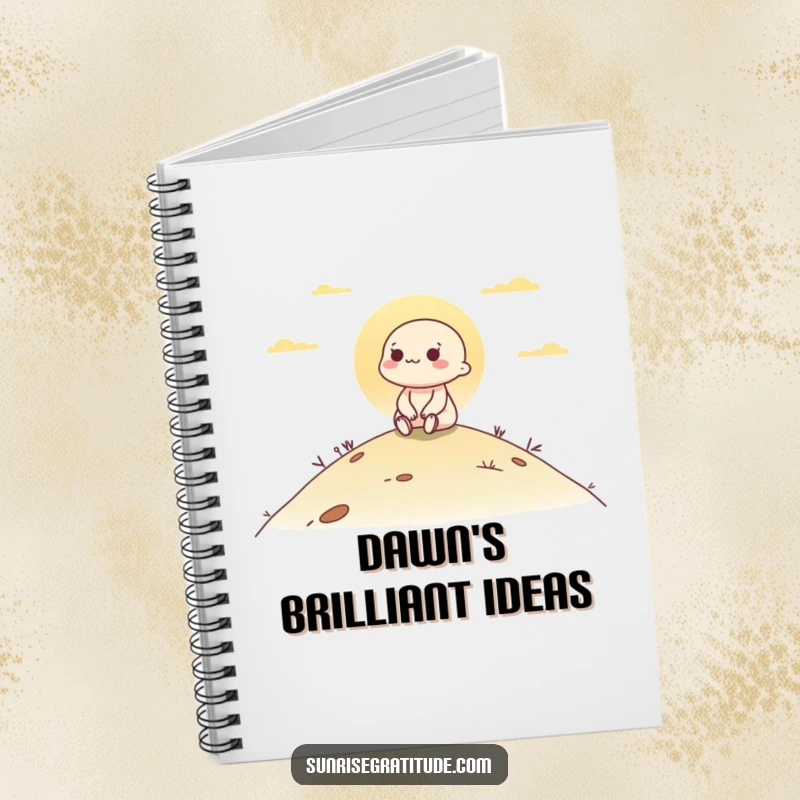 Funny notebook cover with a character sitting peacefully on a hill, observing the beautiful sunrise, ready for journaling.