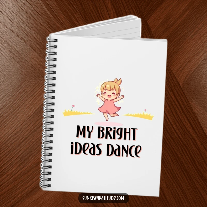 Funny notebook featuring a playful character dancing in the golden light of morning, ideal for note-taking with an uplifting, energetic theme.