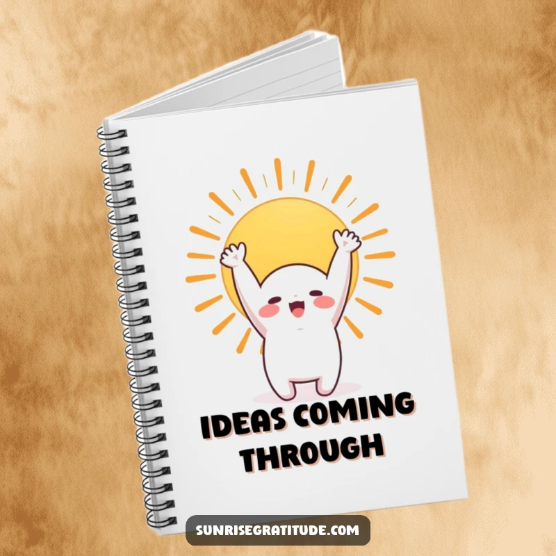 Funny notebook with a cute character stretching towards a vibrant sunrise, ideal for writing and creative inspiration.