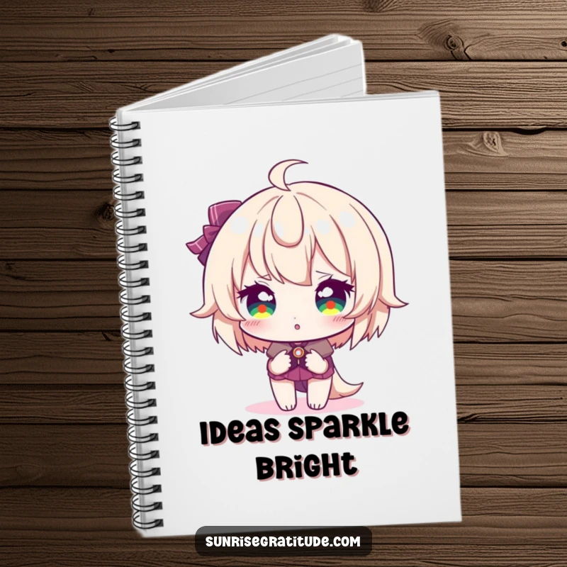 Funny notebook, character with sparkling eyes at sunrise, journaling dazzling thoughts, creative inspiration, vibrant ideas, wonderful funny gift.