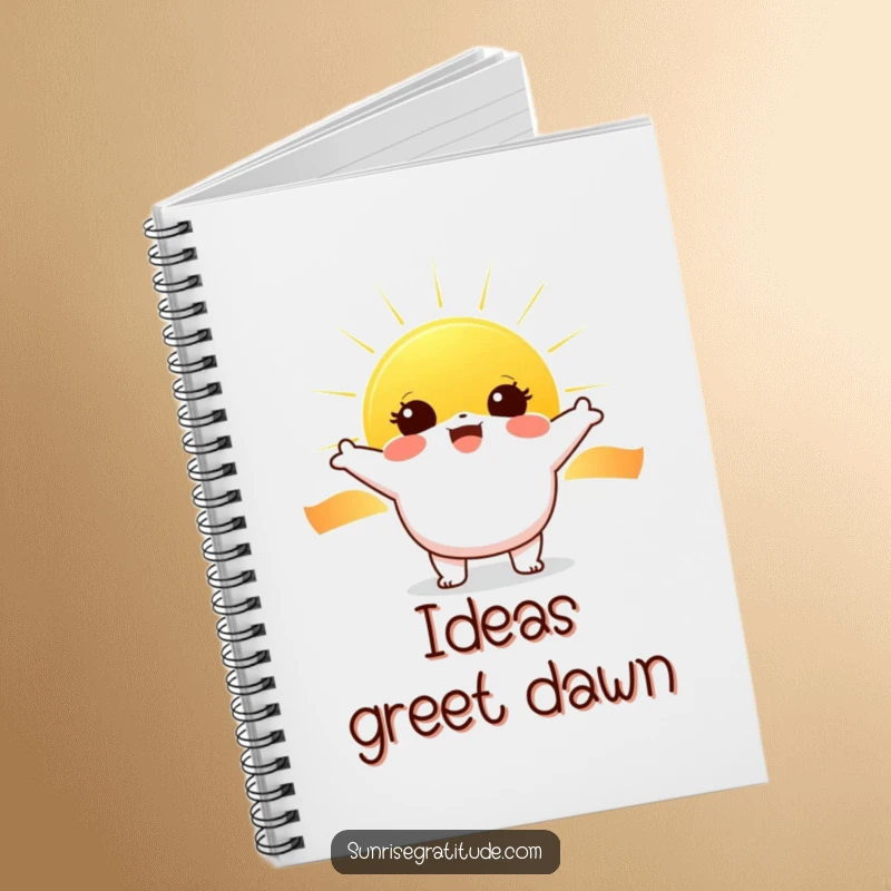 Funny Sunrise Journal: Cheerful character with wide eyes greeting a rising sun, perfect for jotting down happy thoughts.