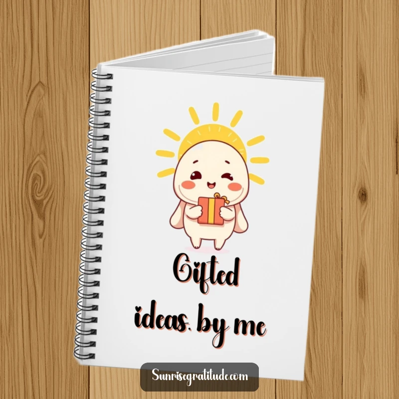 Funny notebook with a cheerful character offering a gift to the morning sun, inspiring thoughtful ideas.